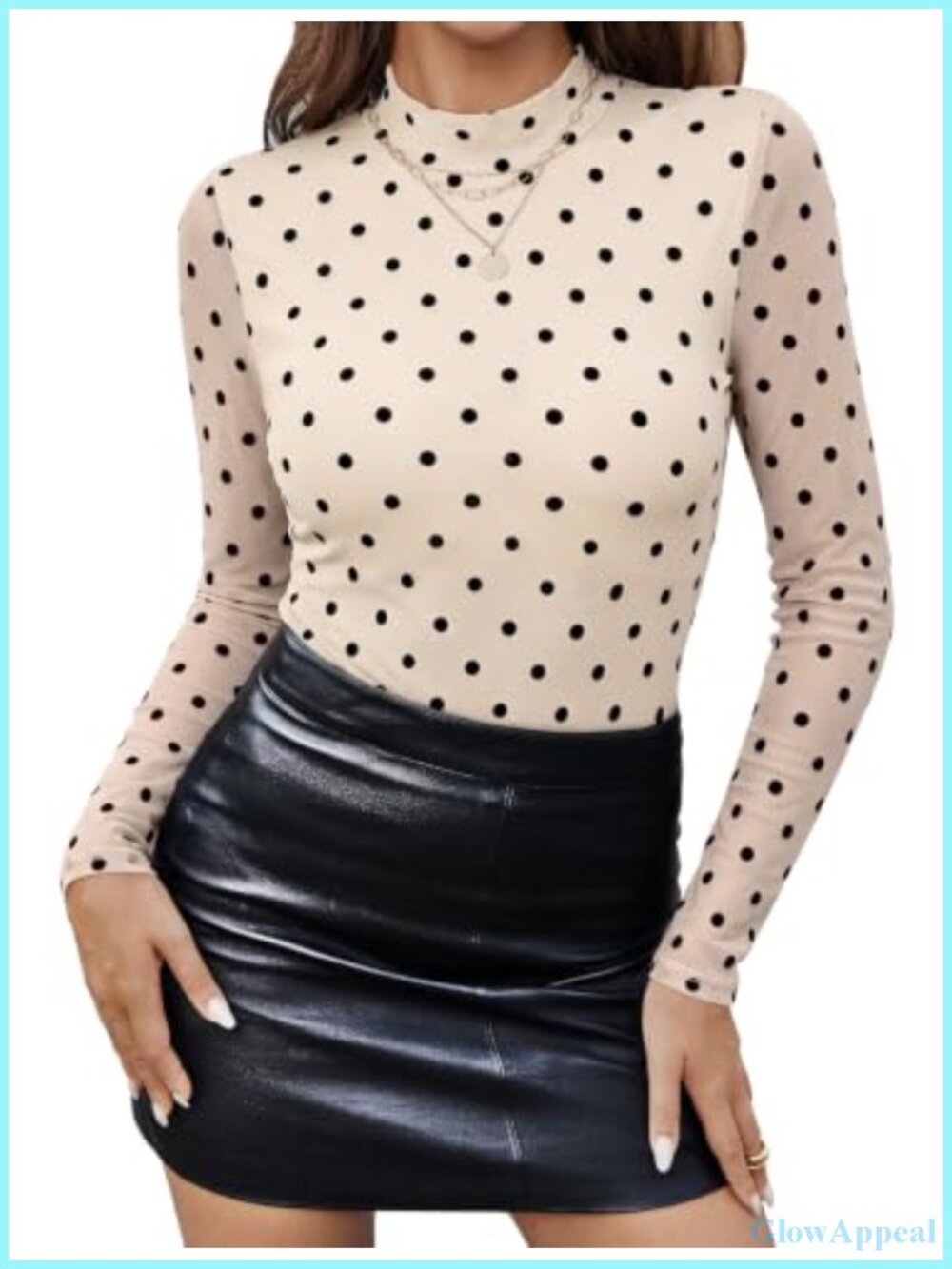 Womens Mock Neck Mesh Long Sleeve Blouse Double Lined Slim Fit Top